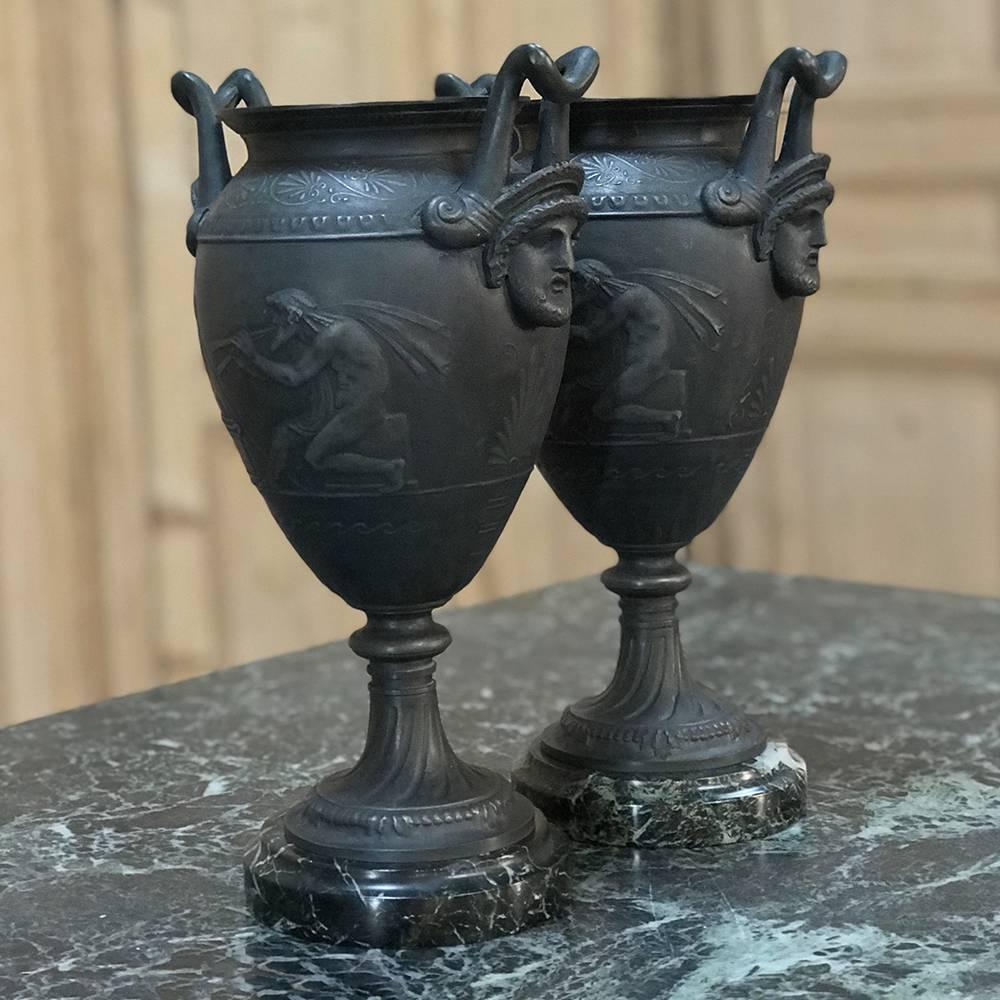 Late 19th Century Pair Of 19th Century Spelter Mantel Urns on Marble Bases