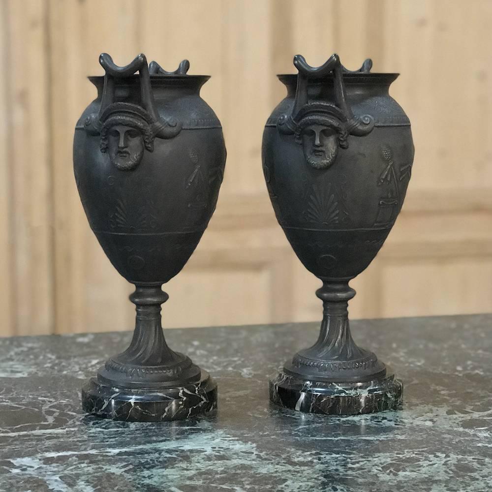 Neoclassical Pair Of 19th Century Spelter Mantel Urns on Marble Bases