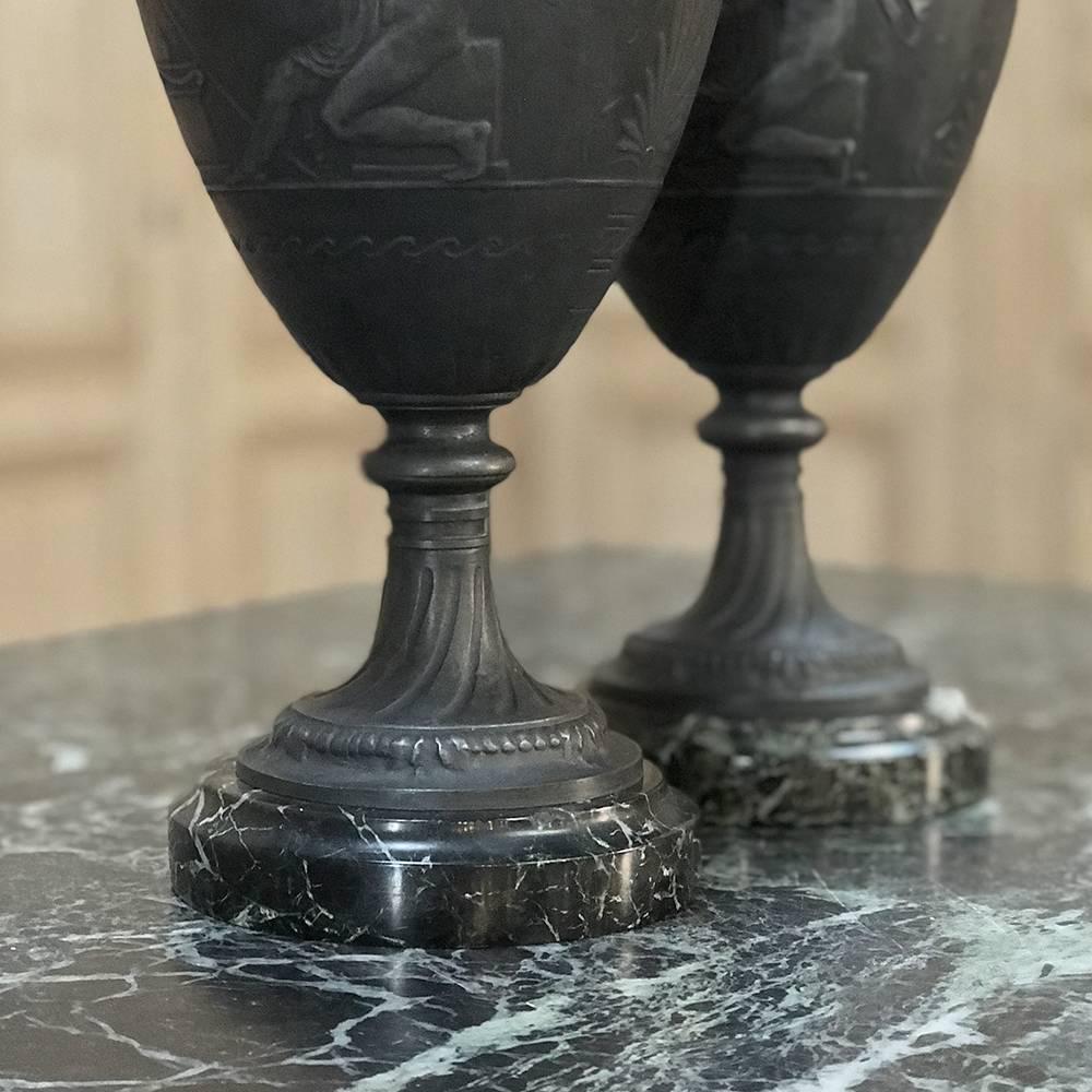 Pair Of 19th Century Spelter Mantel Urns on Marble Bases 1