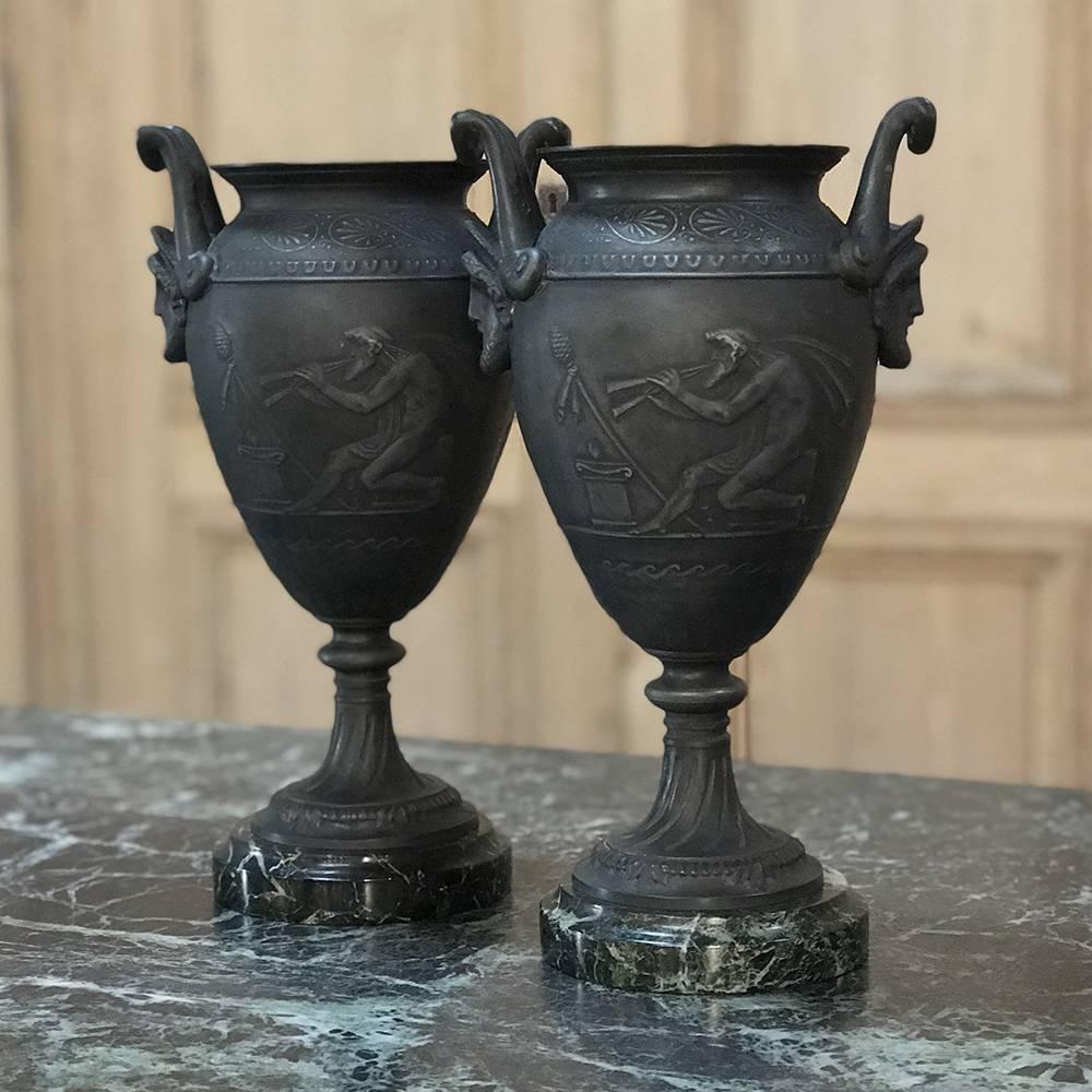 Pair Of 19th Century Spelter Mantel Urns on Marble Bases 2