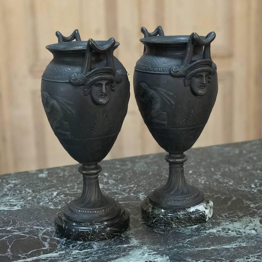 Pair Of 19th Century Spelter Mantel Urns on Marble Bases In Good Condition In Dallas, TX