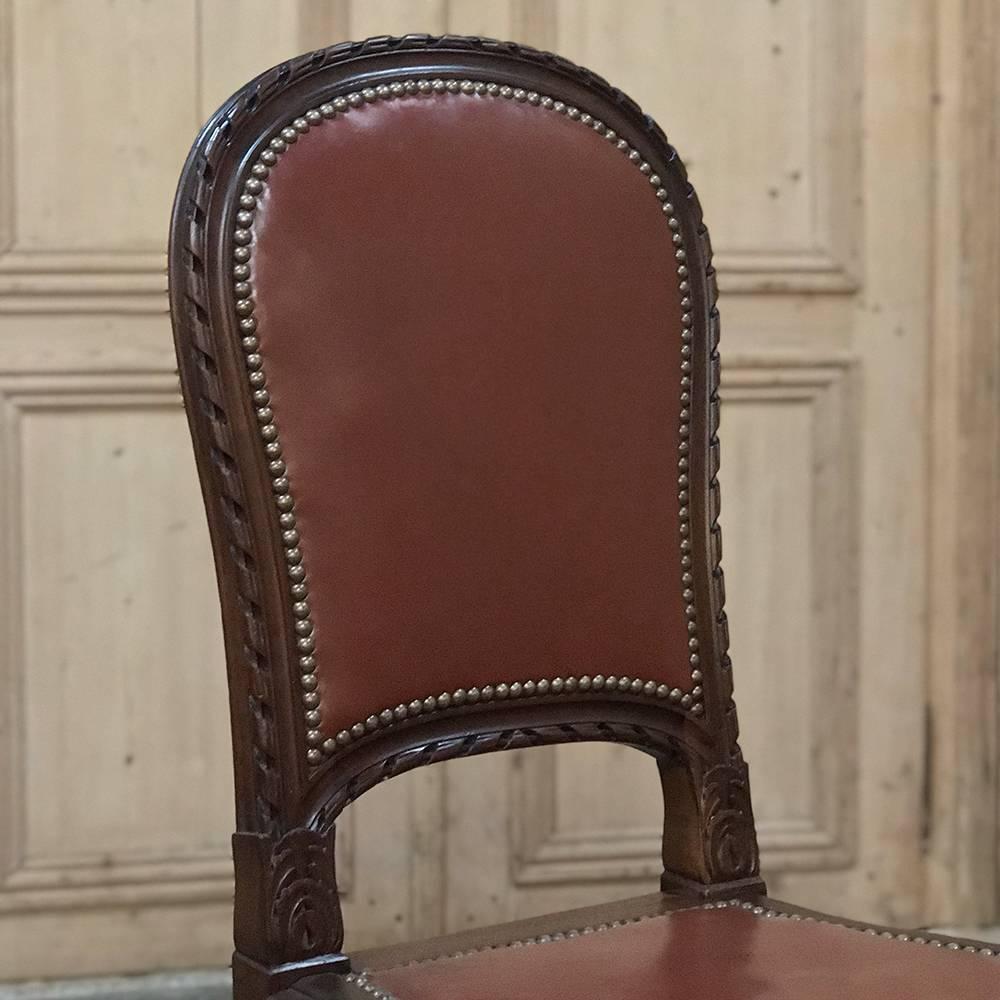 Set of Eight Antique French Louis XVI Walnut Leather Dining Room Chairs 5