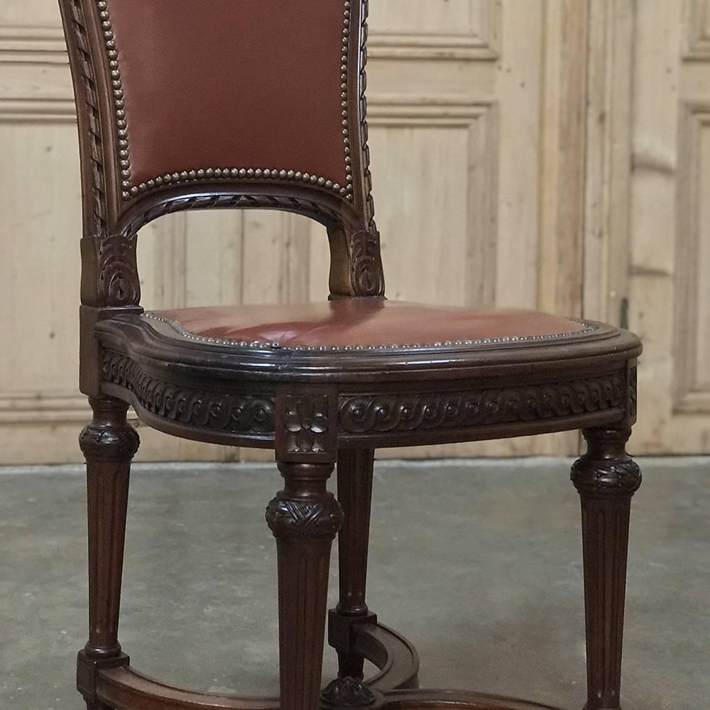 Set of Eight Antique French Louis XVI Walnut Leather Dining Room Chairs 4