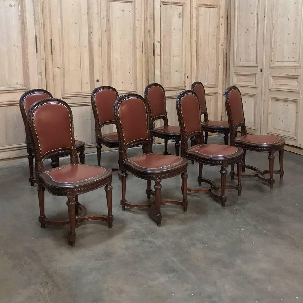 Set of Eight Antique French Louis XVI Walnut Leather Dining Room Chairs In Good Condition In Dallas, TX