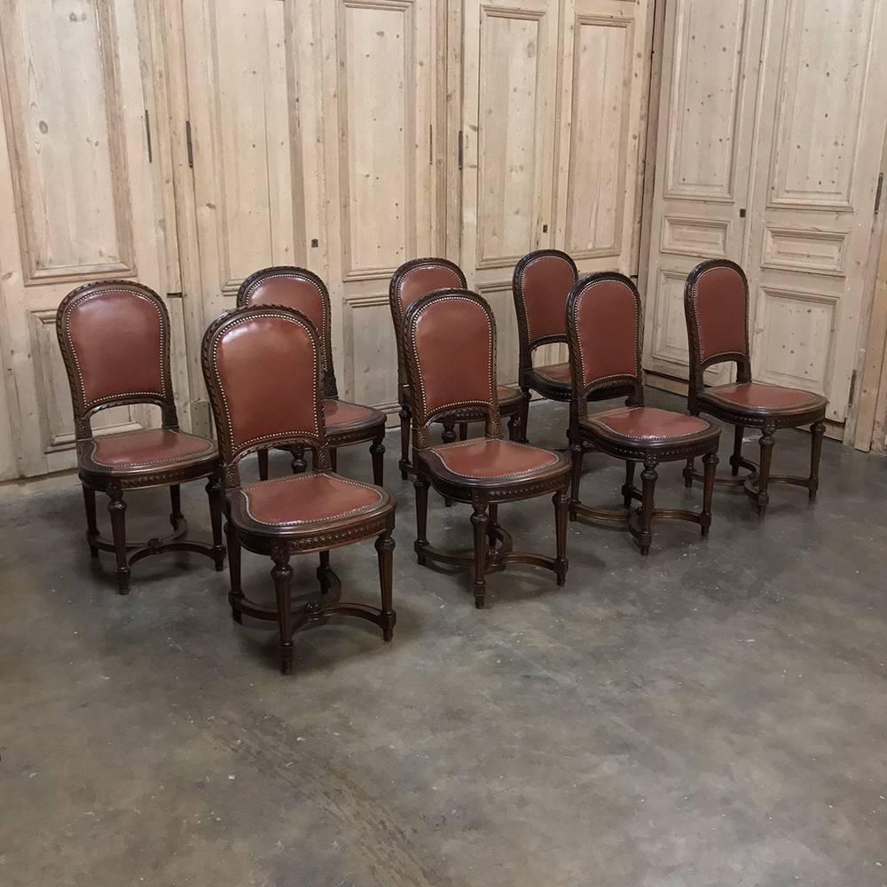 Set of Eight Antique French Louis XVI Walnut Leather Dining Room Chairs 1