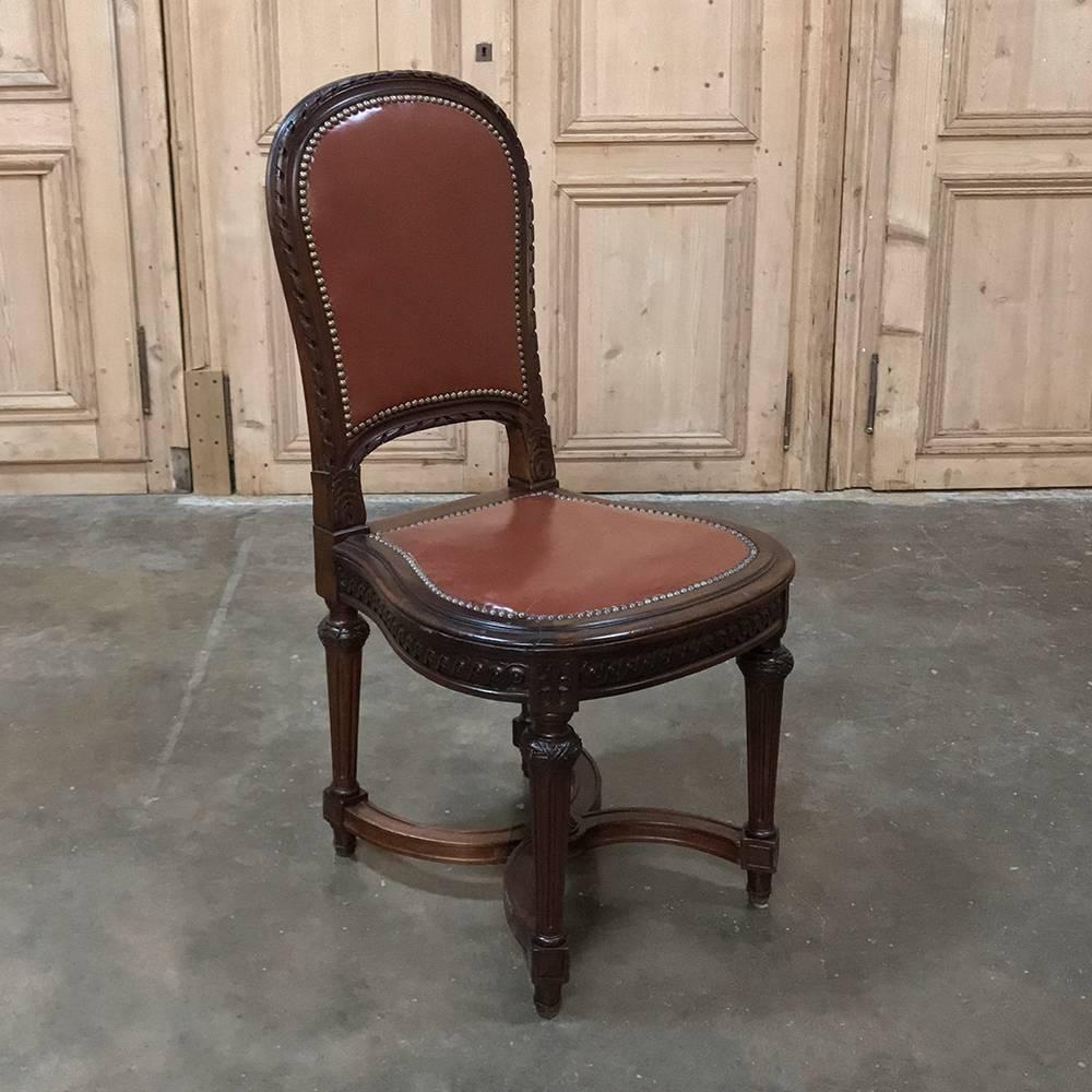 Set of Eight Antique French Louis XVI Walnut Leather Dining Room Chairs 3