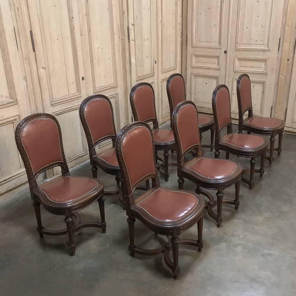 Set of Eight Antique French Louis XVI Walnut Leather Dining Room Chairs 2