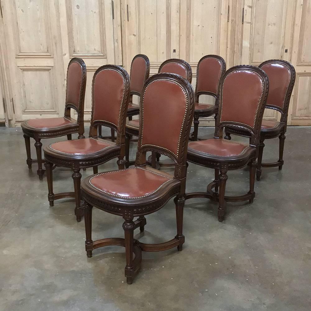 20th Century Set of Eight Antique French Louis XVI Walnut Leather Dining Room Chairs