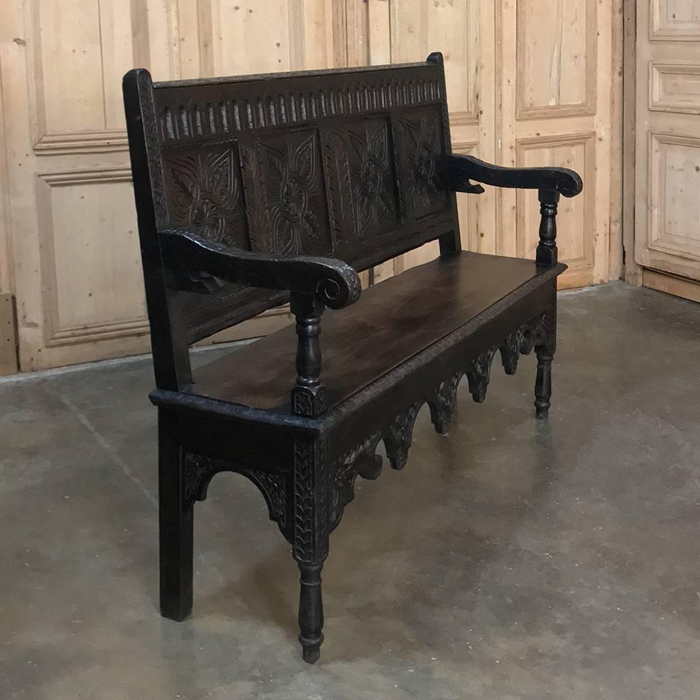 French Provincial 19th Century Brittany Country Hand Carved French Hall Bench
