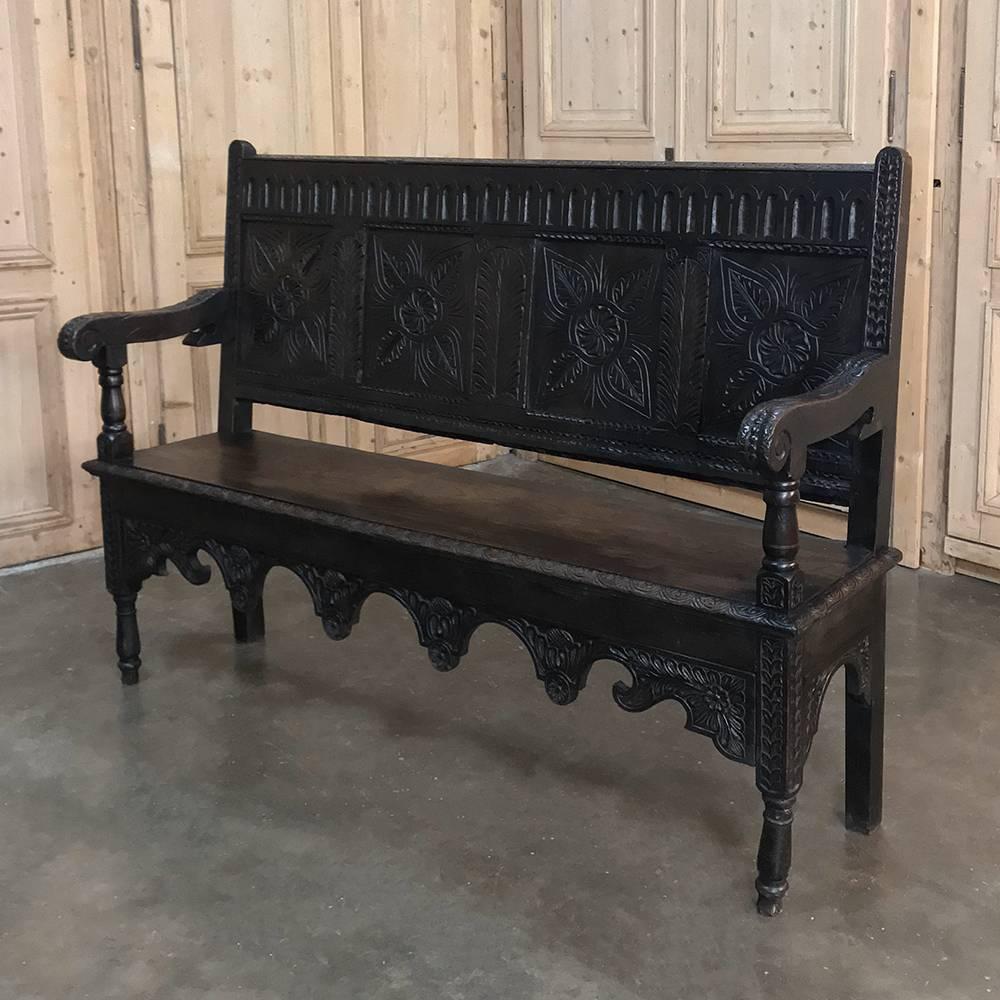 Oak 19th Century Brittany Country Hand Carved French Hall Bench