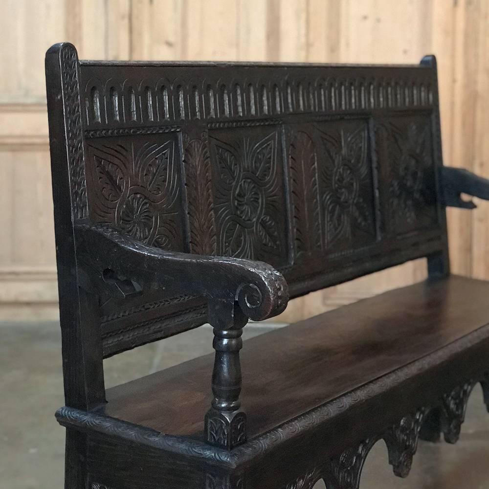 19th Century Brittany Country Hand Carved French Hall Bench In Good Condition In Dallas, TX