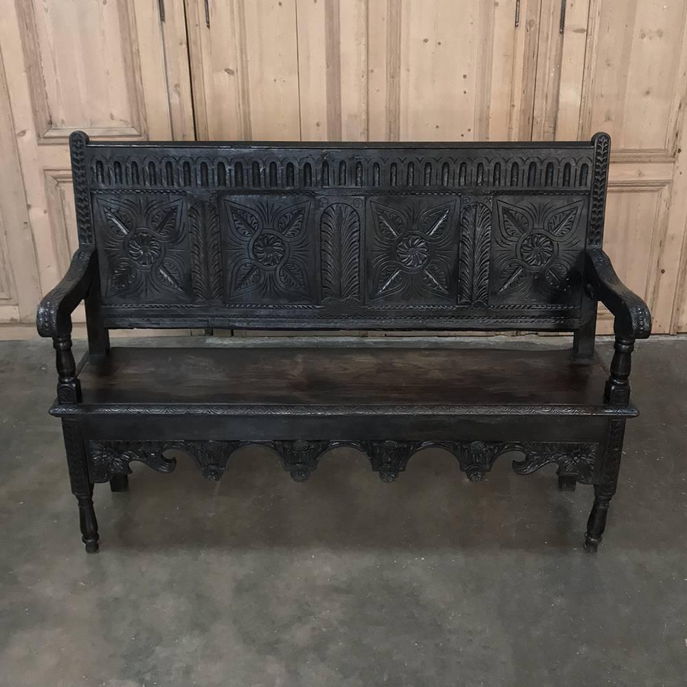 Hand-Crafted 19th Century Brittany Country Hand Carved French Hall Bench