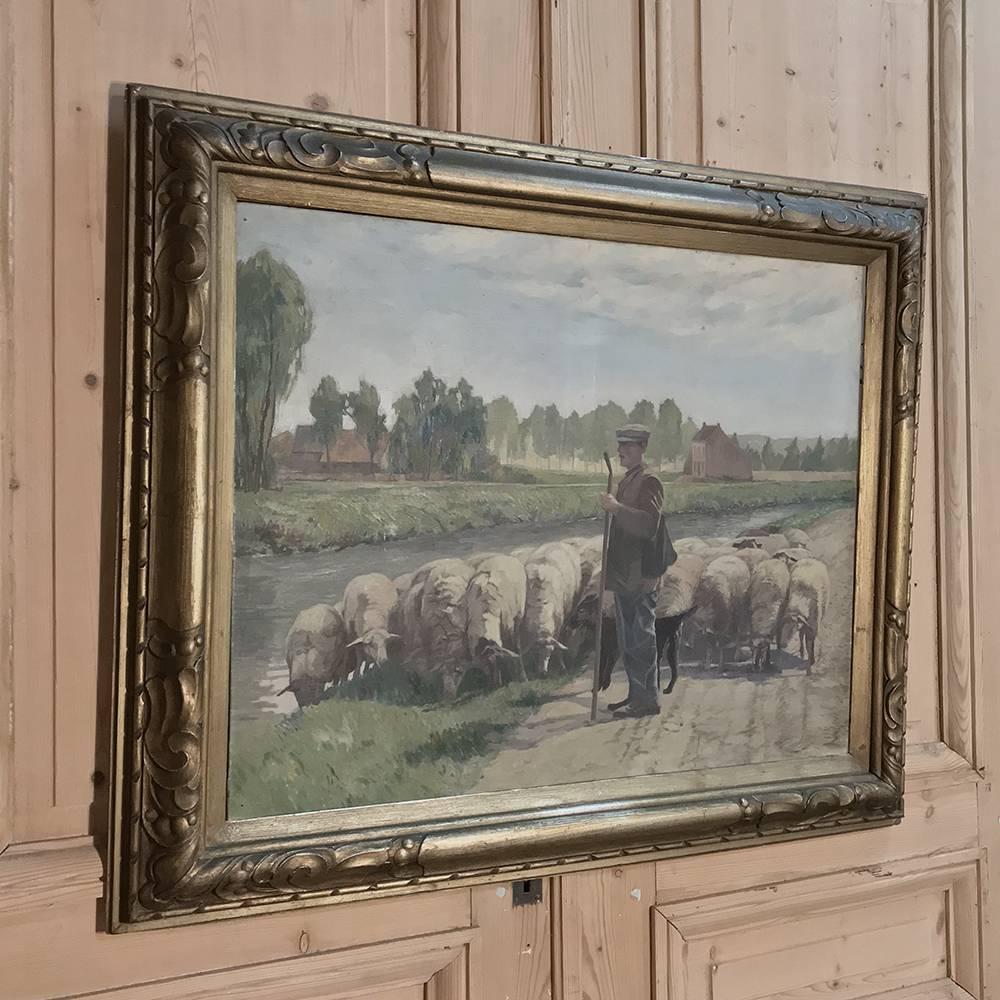 Antique framed oil painting on canvas is a wonderful elaboration on the pastoral theme, with the principal subject being a shepherd with his flock. Regardless of the primary focus, the artist has spent considerable time and talent on the background