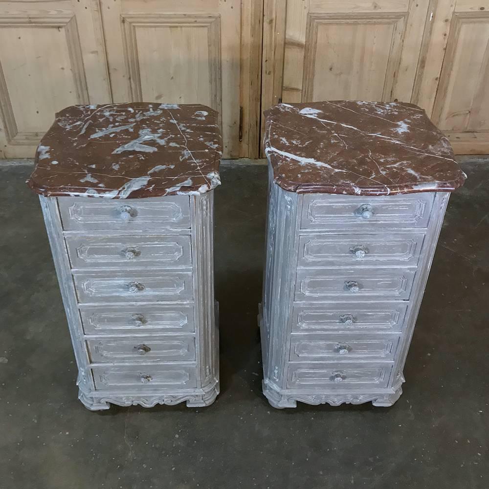 Hand-Carved Pair of 19th Century French Regence Marble-Top Painted Nightstands