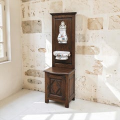 19th Century Country French Oak Lavabo with Hand-Painted Faience