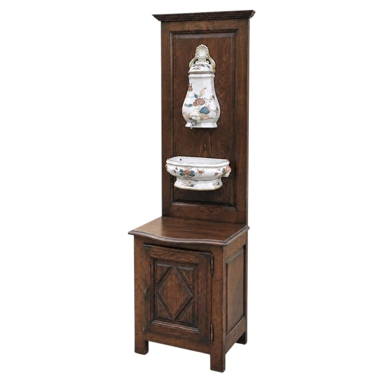 19th Century Country French Oak Lavabo with Hand-Painted Faience