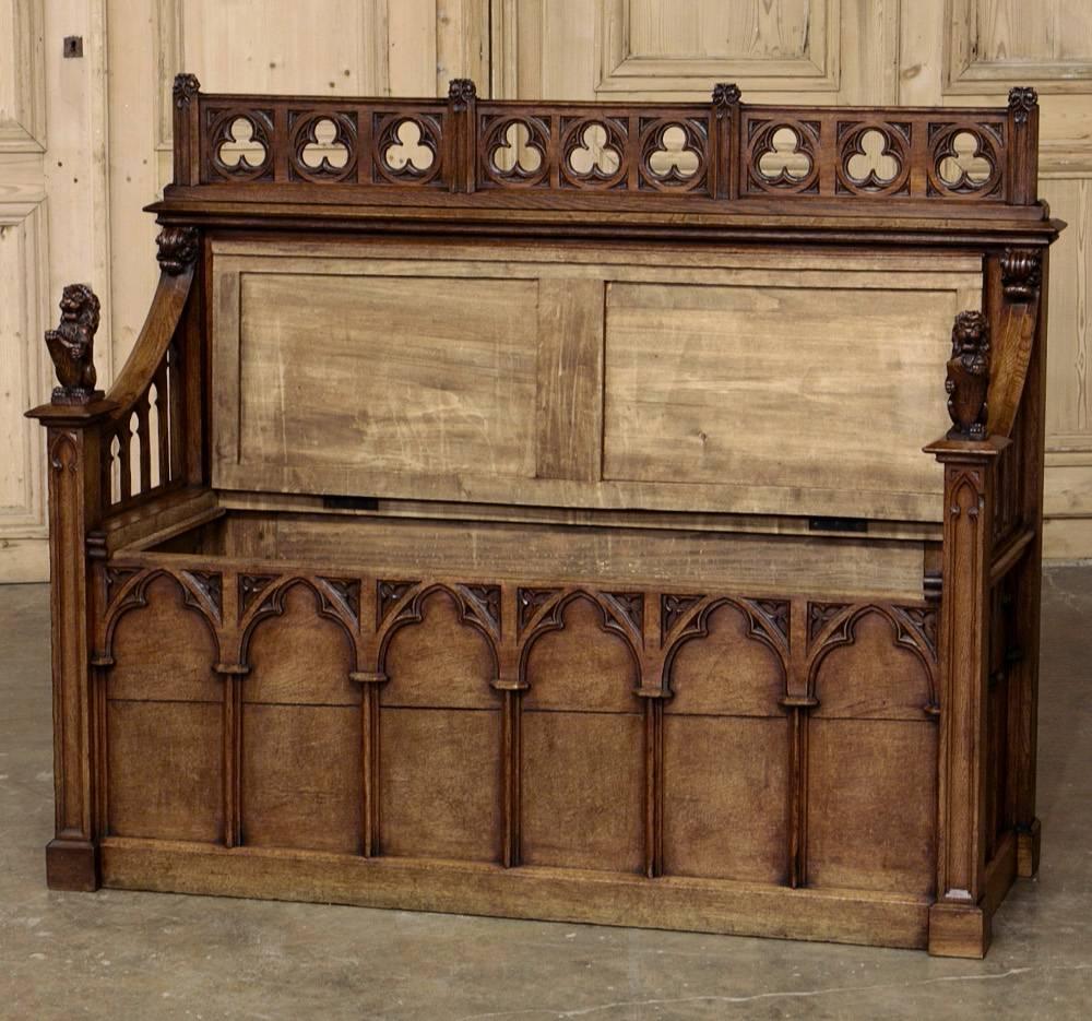 Hand-Carved 19th Century Gothic Revival Hall Bench
