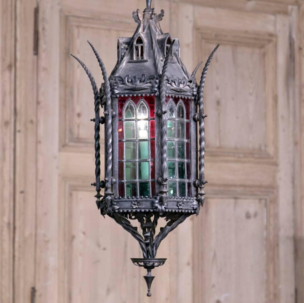 Wrought Iron Lantern Chandelier with Stained Glass 3
