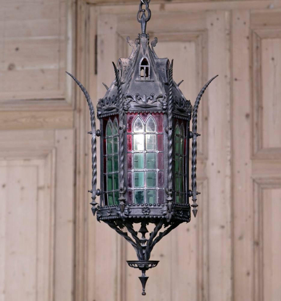 Gothic Wrought Iron Lantern Chandelier with Stained Glass