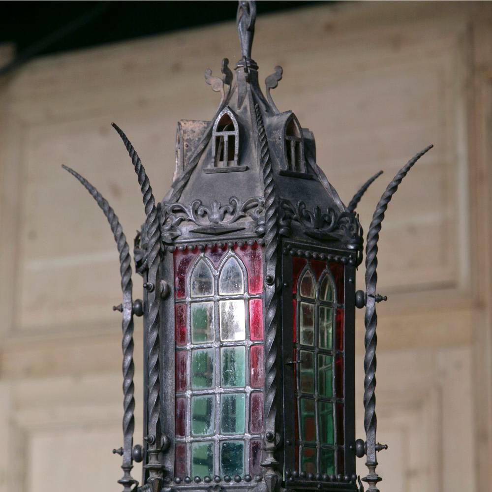French Wrought Iron Lantern Chandelier with Stained Glass