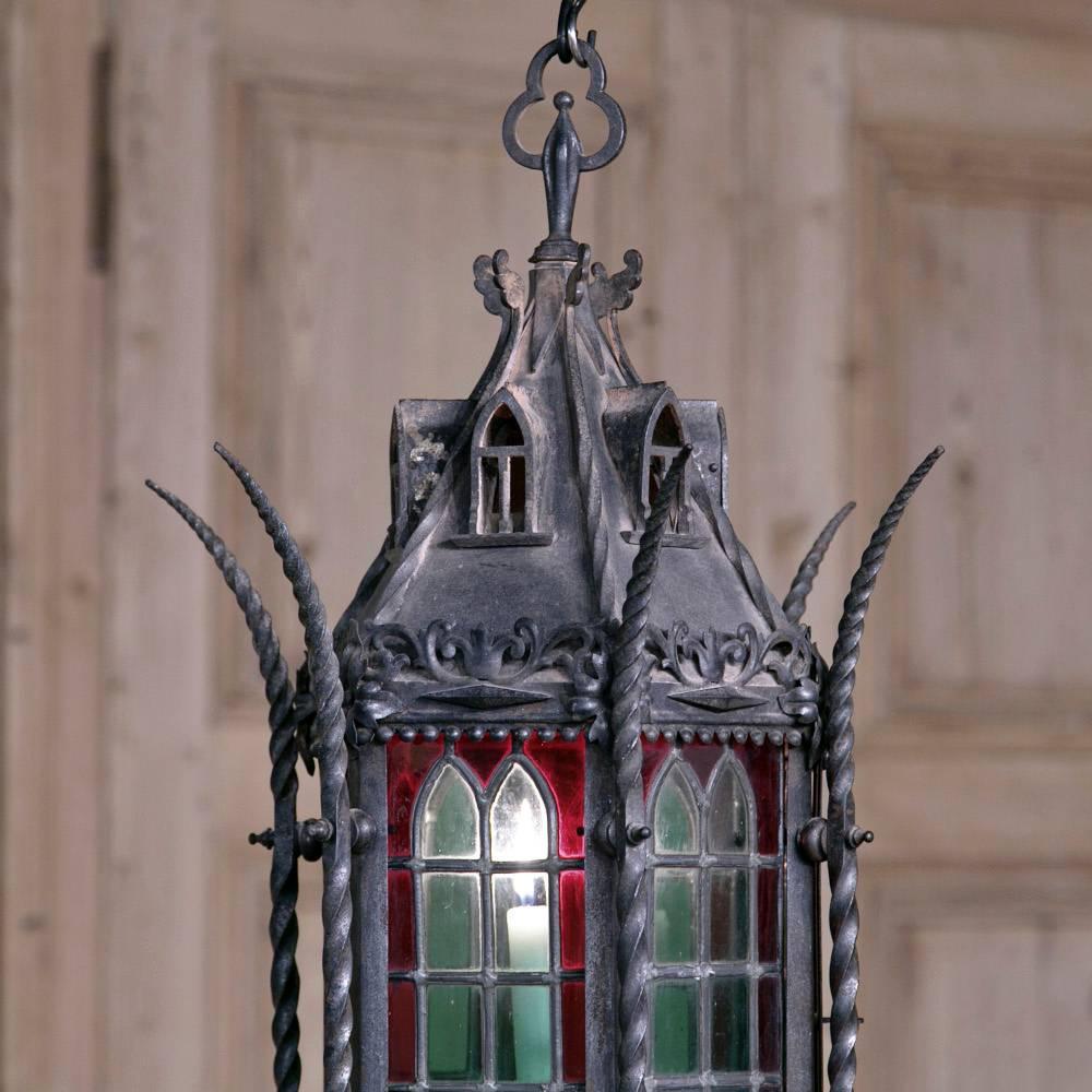 Wrought Iron Lantern Chandelier with Stained Glass In Excellent Condition In Dallas, TX