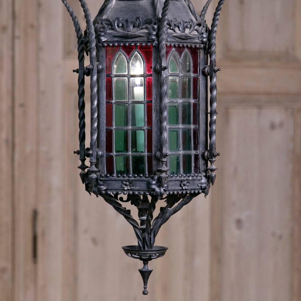 Early 20th Century Wrought Iron Lantern Chandelier with Stained Glass