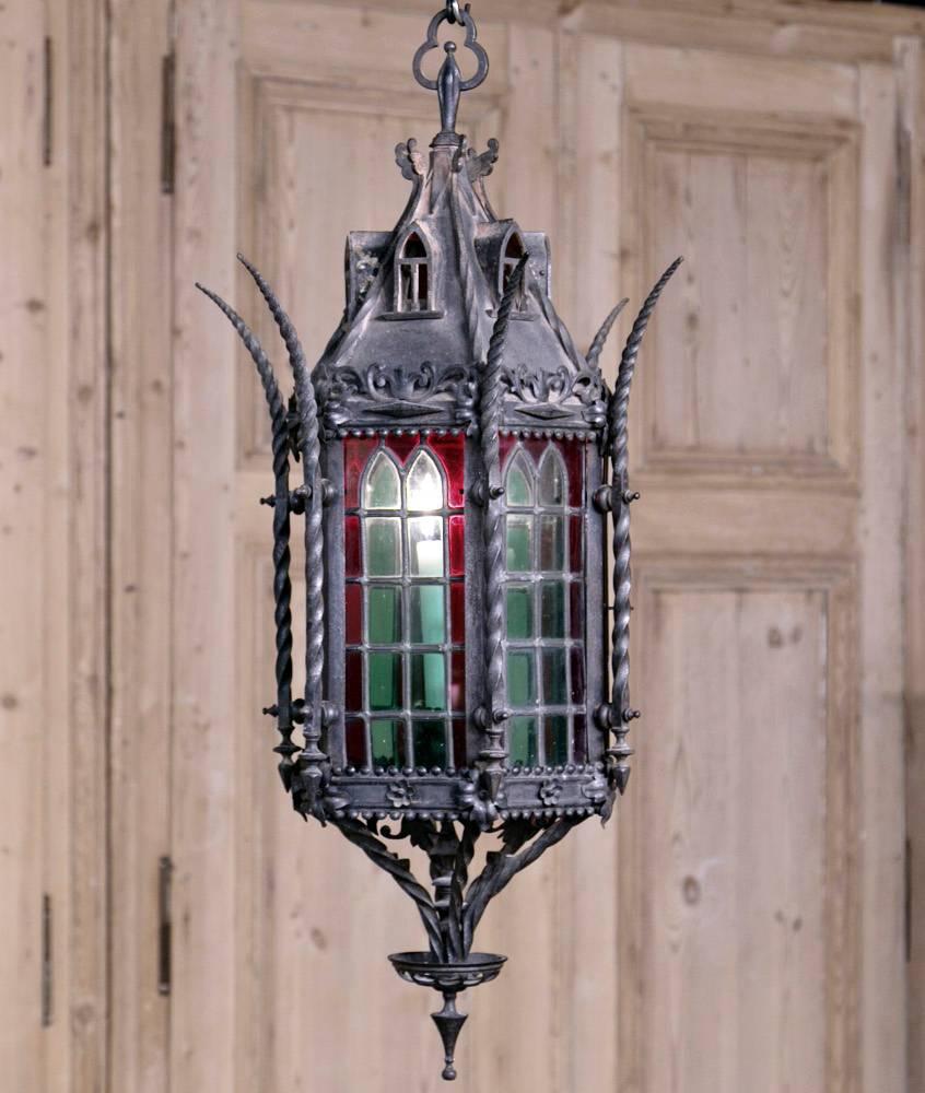 Wrought Iron Lantern Chandelier with Stained Glass 2