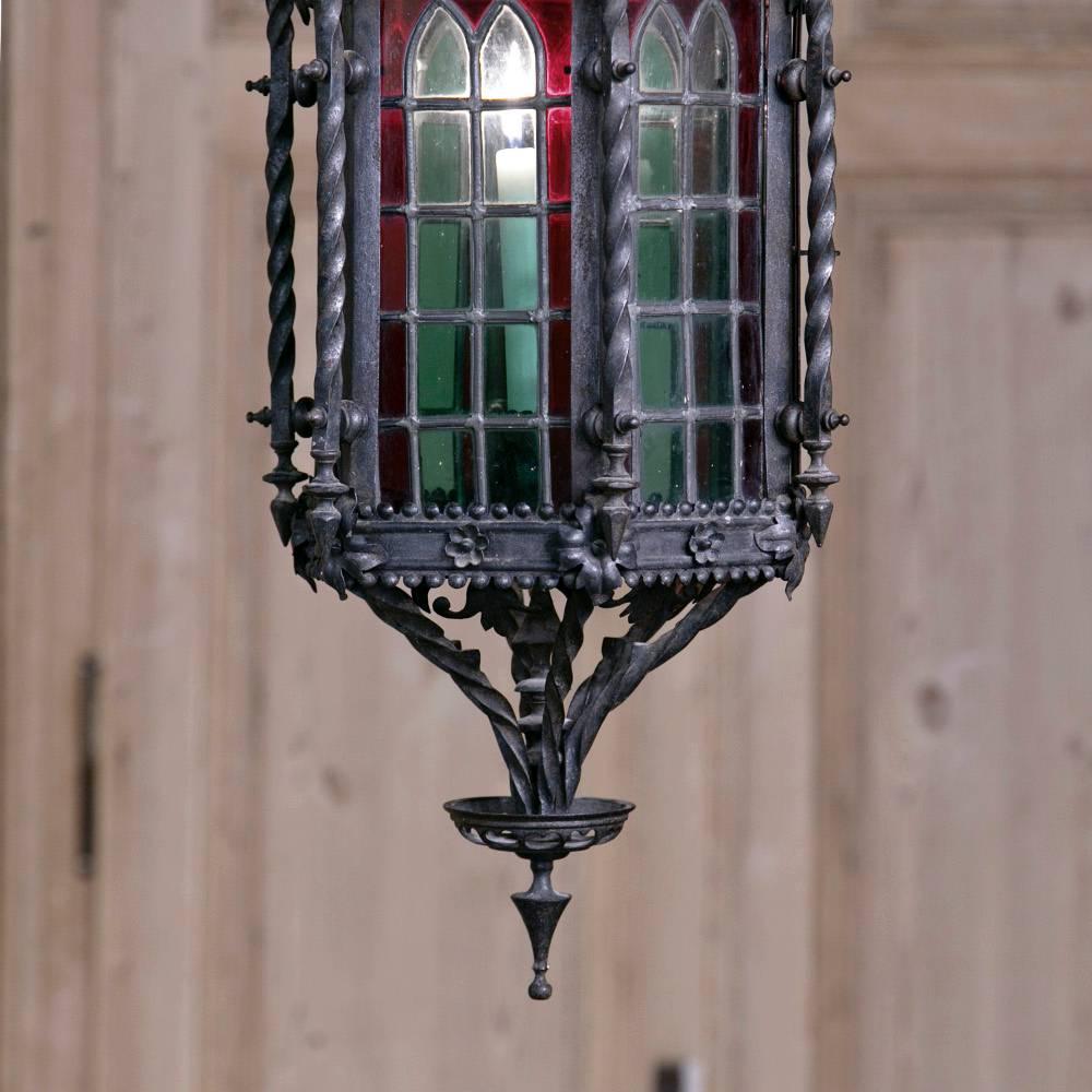 Wrought Iron Lantern Chandelier with Stained Glass 1