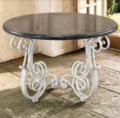 Antique French Painted Wrought Iron Round Coffee Table with Black Marble