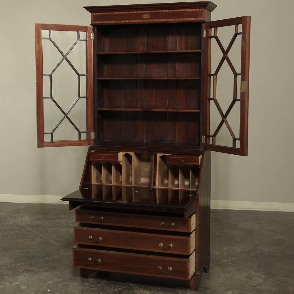 19th century English mahogany secretary and bookcases are perfect choices for today's floor plans, providing a multiple-use functionality with tailored lines and the natural beauty of exotic imported mahogany for a real winner of a choice! Diagonal