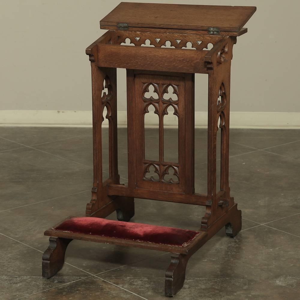 19th century Gothic Prayer kneeler (Prie Dieu) with velvet upholstery makes an excellent choice for a private chapel or devotional.  Lovingly hand-crafted in the Gothic style which dates back more than a millennium and a half, it is light in weight