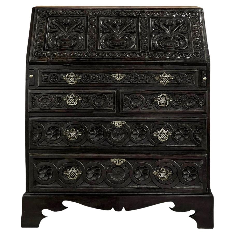 18th Century English Country Secretary in Hand-Carved Oak For Sale