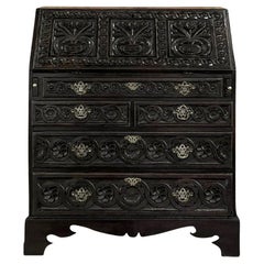 18th Century English Country Secretary in Hand-Carved Oak