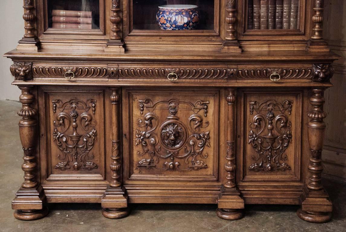 Hand-Carved 19th Century French Walnut Renaissance Bookcase