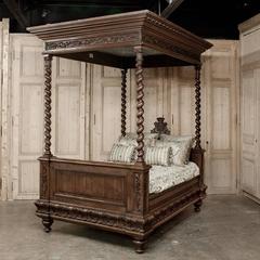 19th C French Antique Renaissance Revival Four-Piece Carved Oak Bedroom Suite