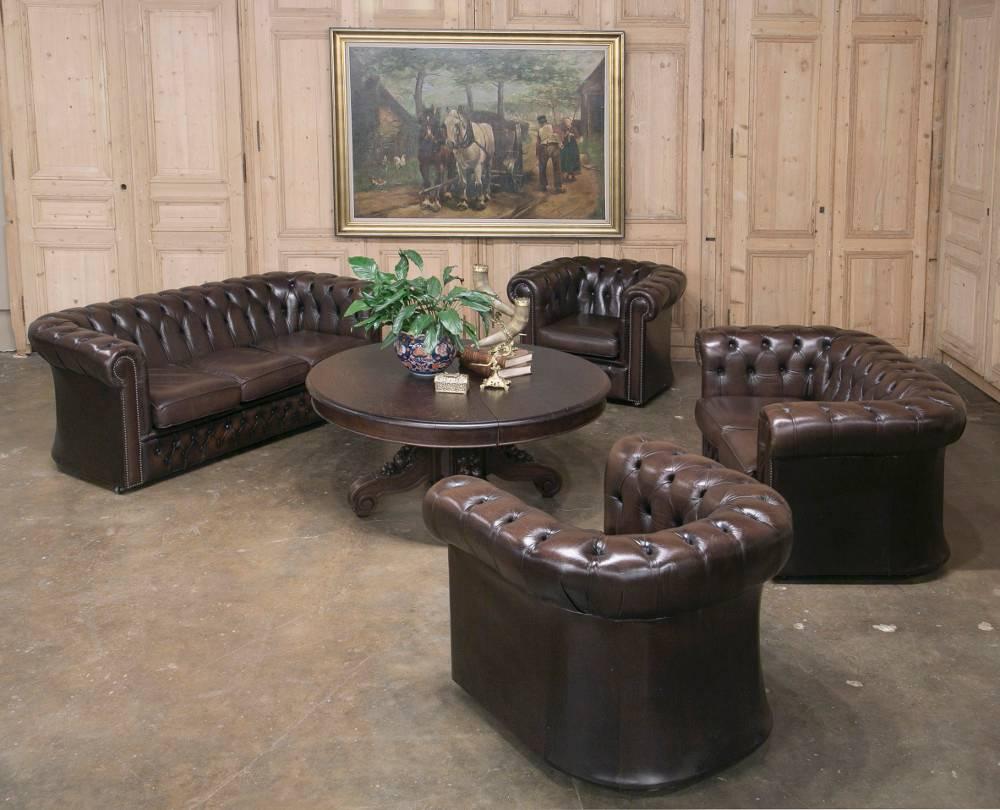 Belgian Leather Chesterfield Sofa, Loveseat and Pair of Armchairs