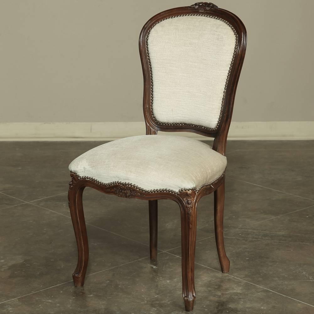 Set of Eight French Walnut White Mohair Louis XV Dining Chairs and Two Armchairs 2