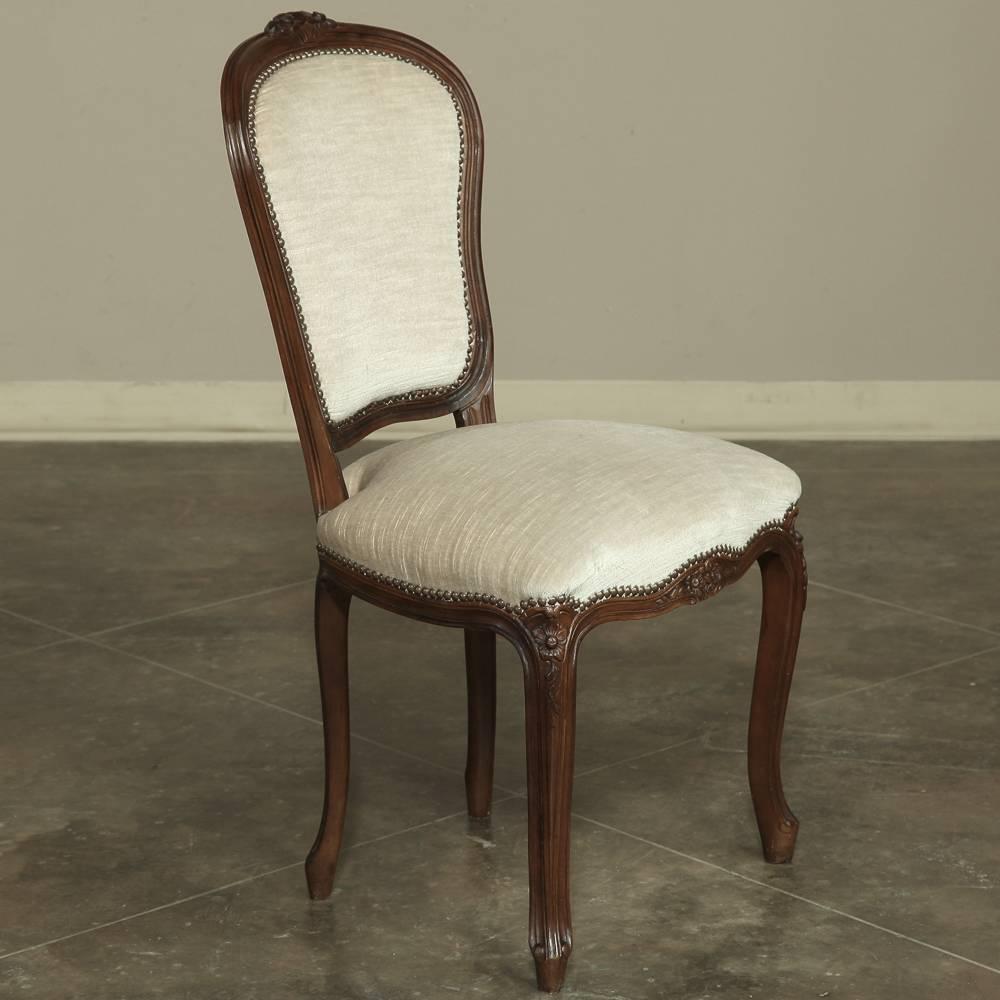 Set of Eight French Walnut White Mohair Louis XV Dining Chairs and Two Armchairs 3