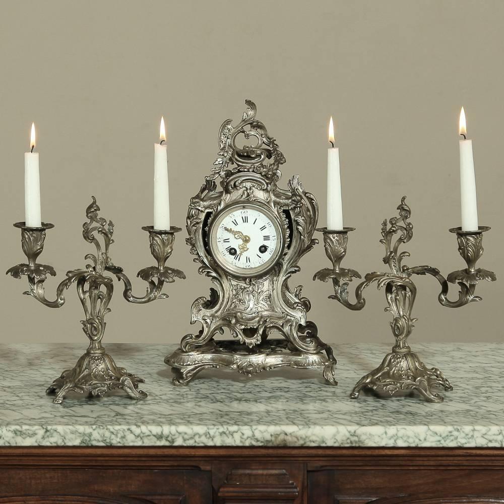 19th Century French Rococo Nickel Washed Bronze Mantel Clock 5