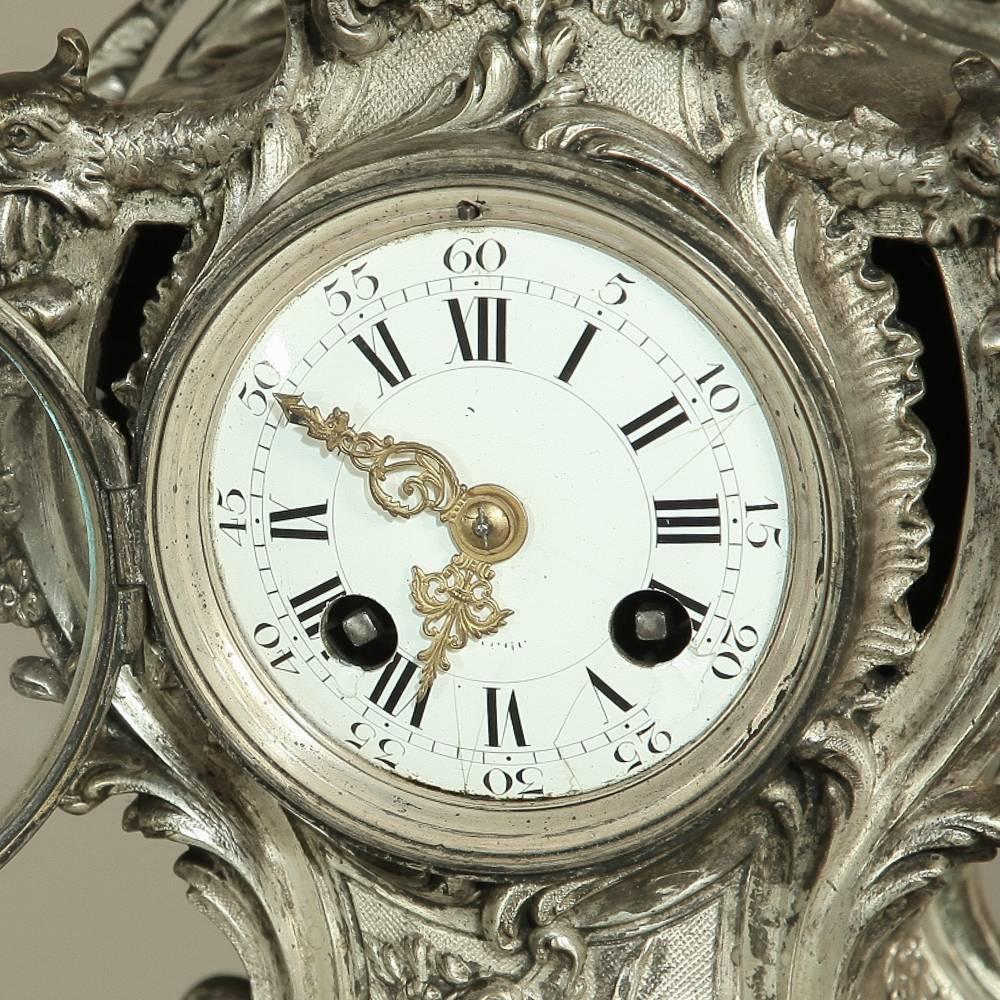 Hand-Crafted 19th Century French Rococo Nickel Washed Bronze Mantel Clock
