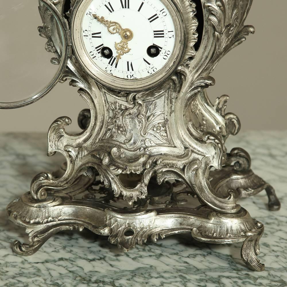 19th Century French Rococo Nickel Washed Bronze Mantel Clock 2