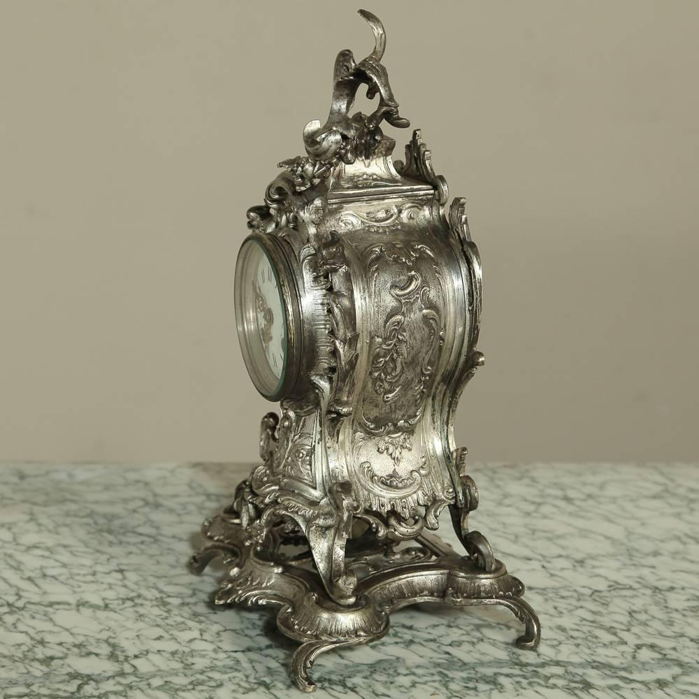 Late 19th Century 19th Century French Rococo Nickel Washed Bronze Mantel Clock