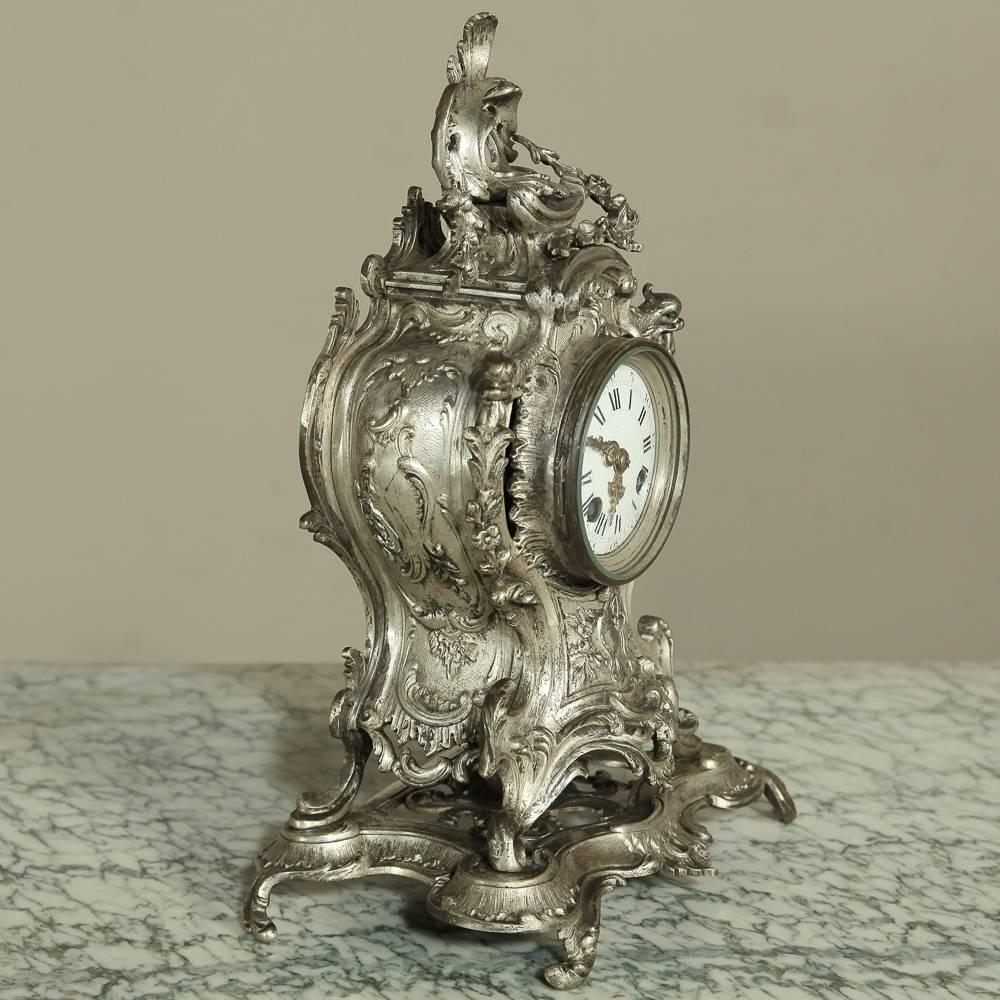 19th Century French Rococo Nickel Washed Bronze Mantel Clock 1