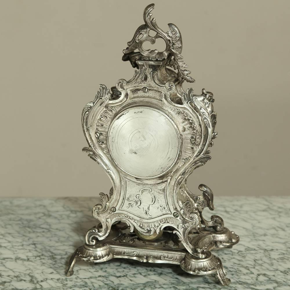 19th Century French Rococo Nickel Washed Bronze Mantel Clock 3