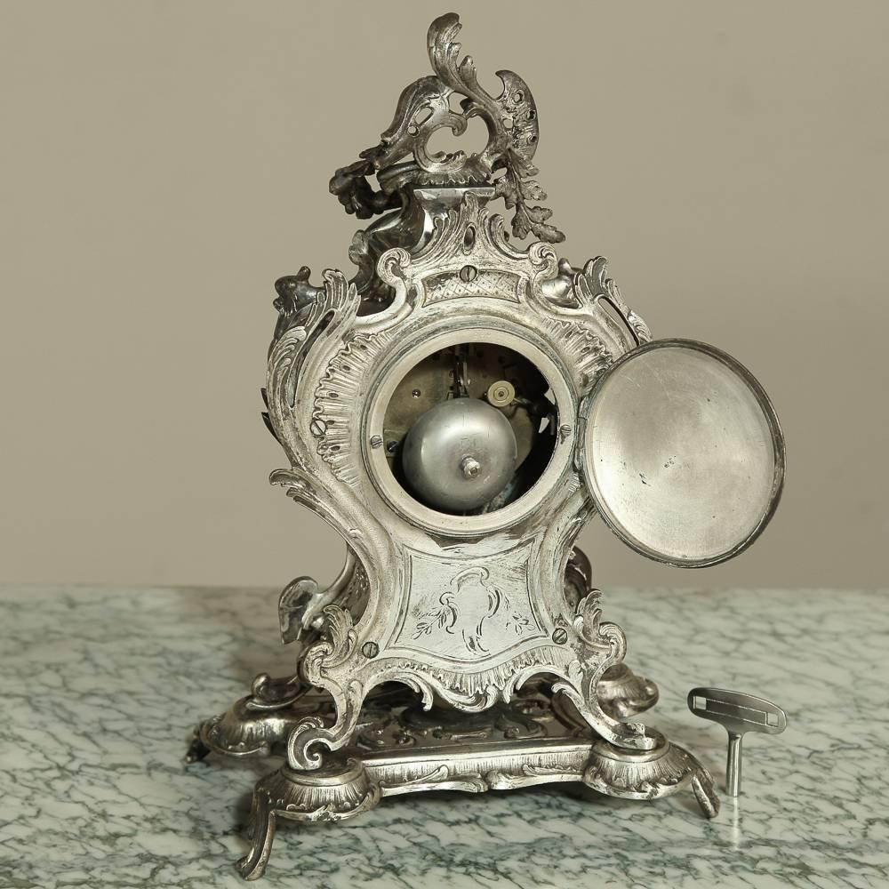19th Century French Rococo Nickel Washed Bronze Mantel Clock 4