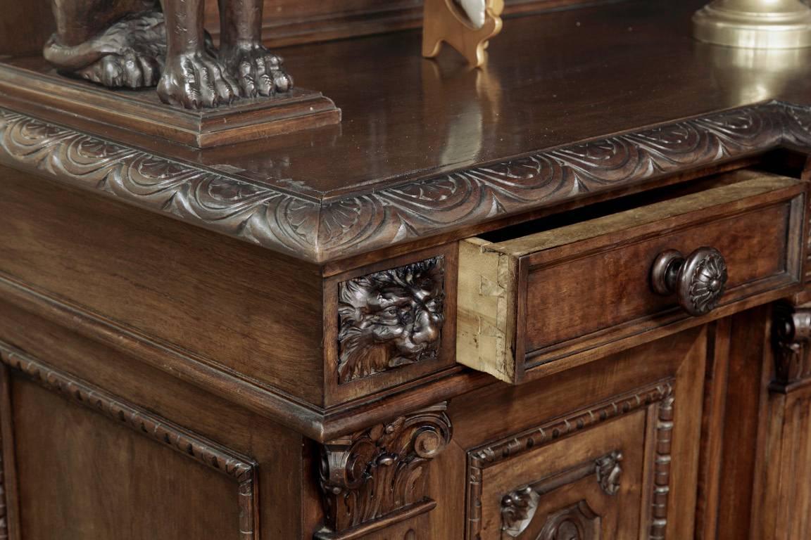 Hand-Carved 19th Century Italian Renaissance Walnut Two-Tiered Buffet