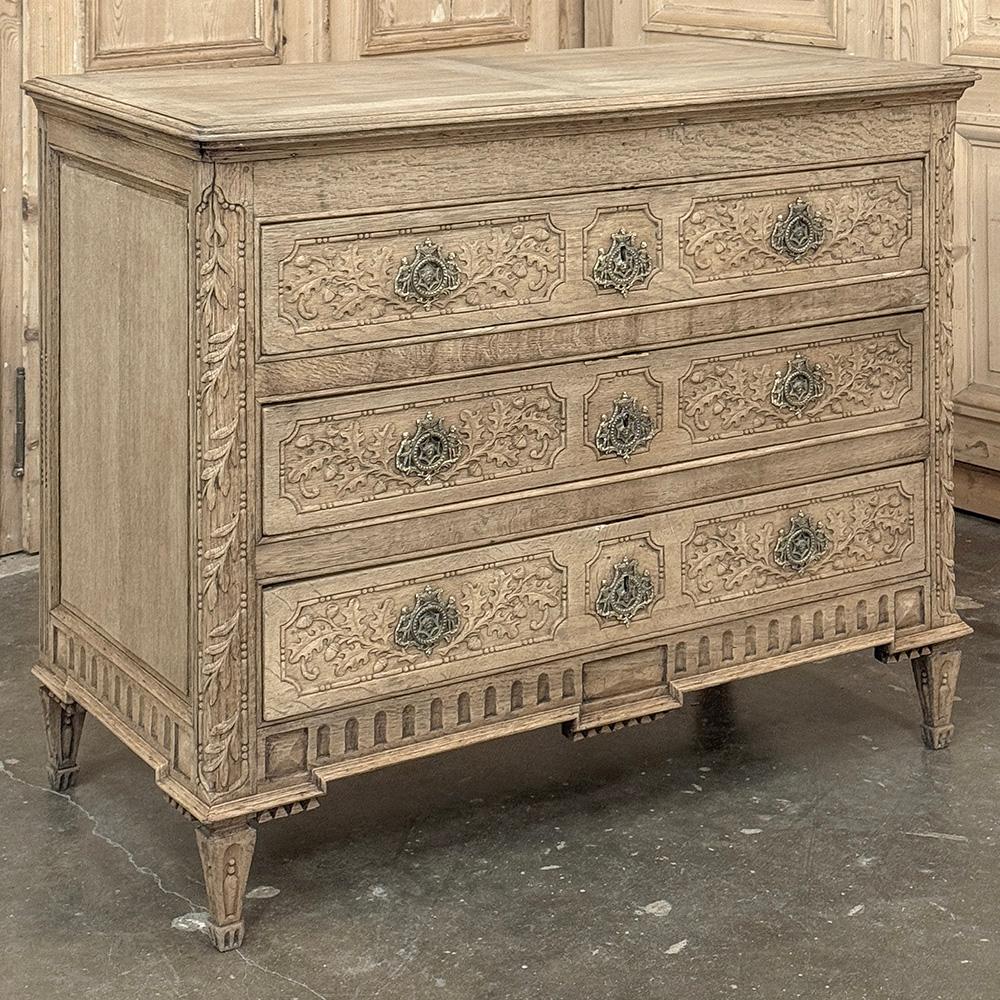 Hand-Carved 18th Century French Louis XVI Commode in Stripped Oak For Sale