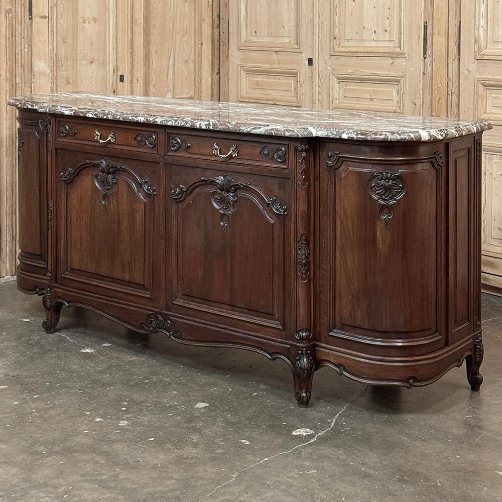 Antique French Louis XIV Walnut Round Side Marble Top Buffet combines beauty and elegance with form and function, crafted from walnut, marble and solid brass!  The design features a stepped front center section with two large cabinet doors, and