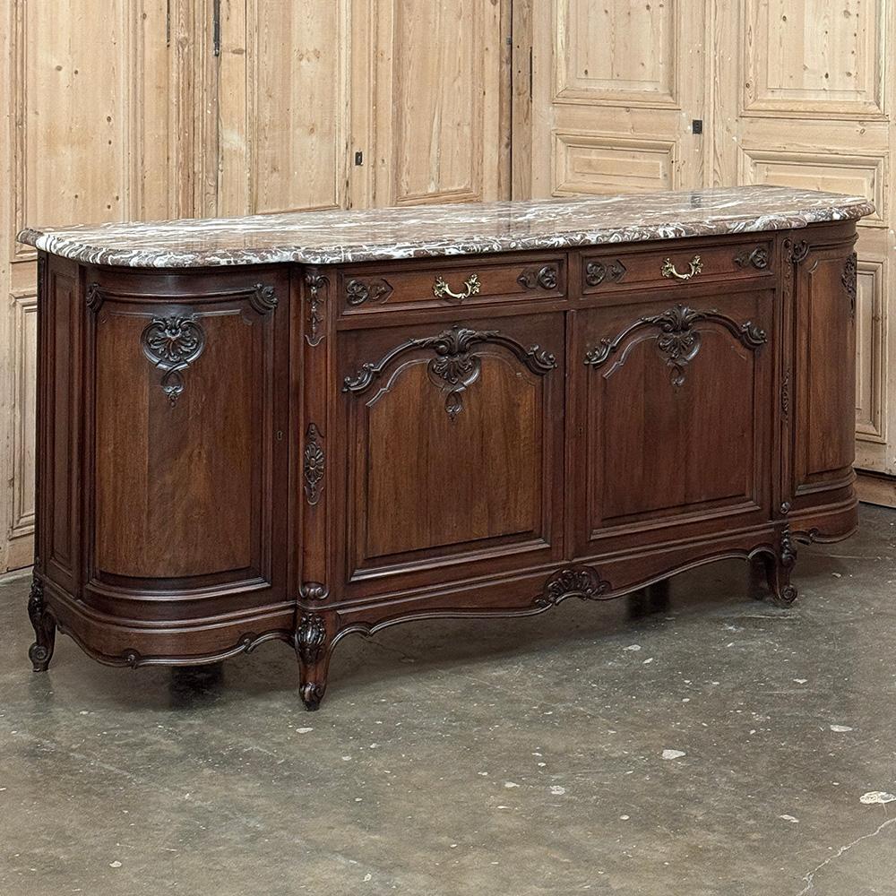 Hand-Crafted Antique French Louis XIV Walnut Round Side Marble Top Buffet For Sale