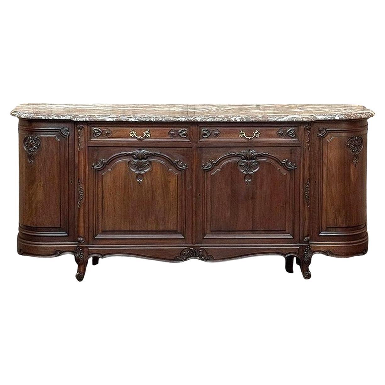 Antique French Louis XIV Walnut Round Side Marble Top Buffet For Sale
